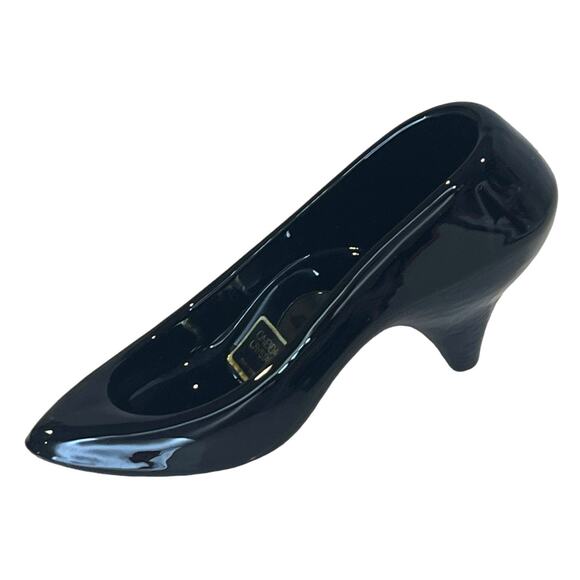 NEW Oneida Black Blown ART GLASS SLIPPER SHOE Ring Box Wedding Cake Topper Decor - Picture 2 of 13